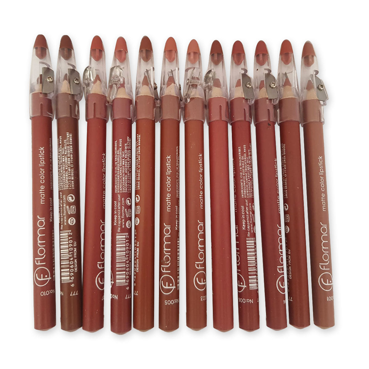 Flormar 12 Colors Lip Pencils Set with Sharpener - Flormar Nude Matte Color Lipstick Pencil